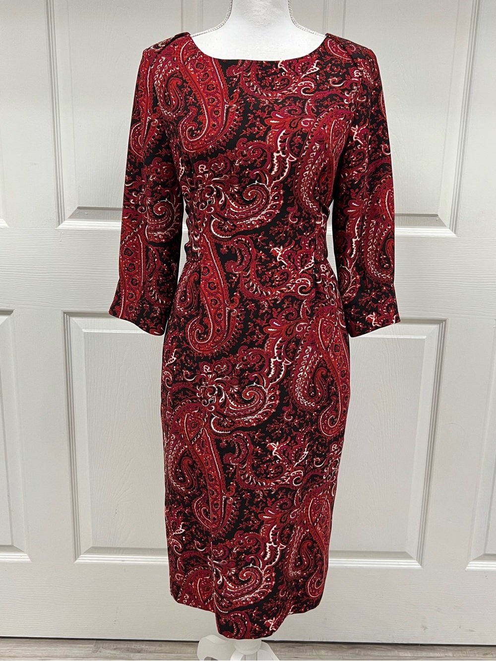 Talbots Paisley Print Sheath Dress Red Black Size 8